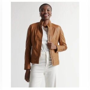 Quince Cognac 100% Leather Stand-Collar Zip-Front Jacket Size M